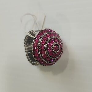 #43 Pink stretch ring with silver tone pink rhinestones chunky elegant ring